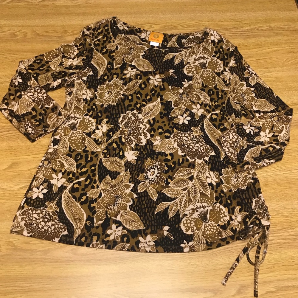 Ruby Road top size L draw string  brown floral pattern nice Holiday shirt  🥀